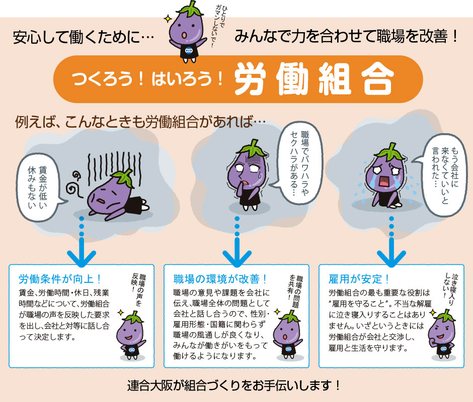 安心して働くために…みんなで力を合わせて職場を改善！／つくろう！はいろう！労働組合／連合大阪が組合づくりをお手伝いします！