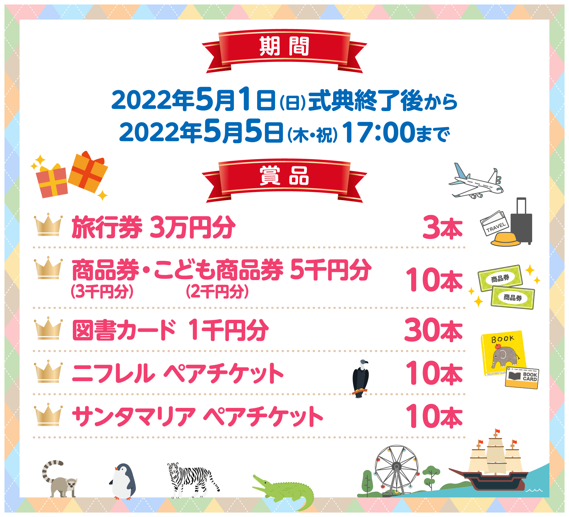 期 間 2022年5月1日（日）式典終了後から 2022年5月5日（木・祝）17:00まで