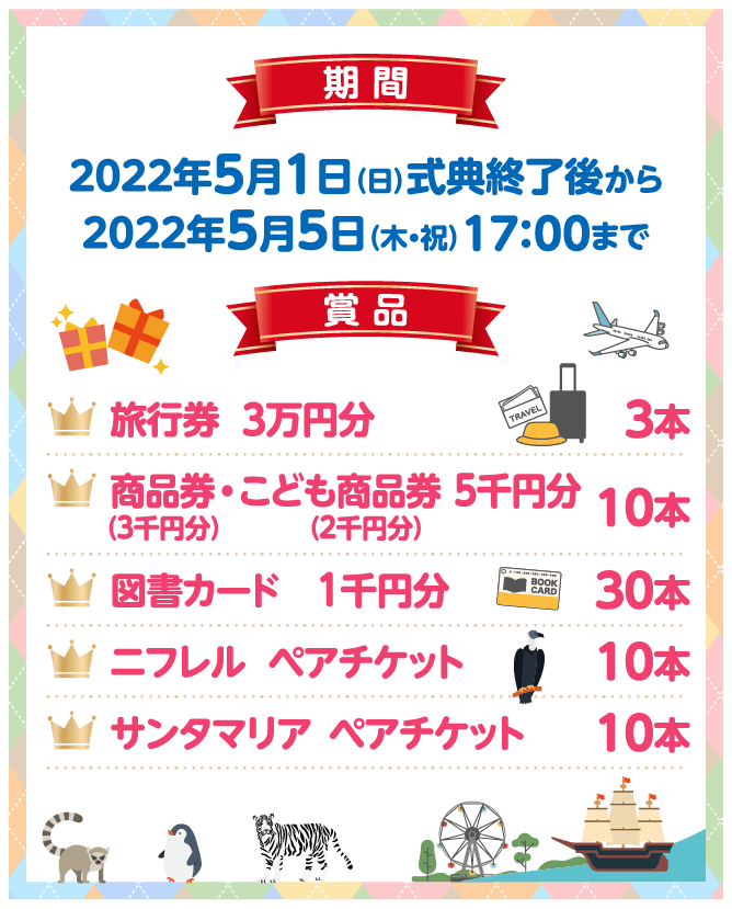 期 間 2022年5月1日（日）式典終了後から 2022年5月5日（木・祝）17:00まで