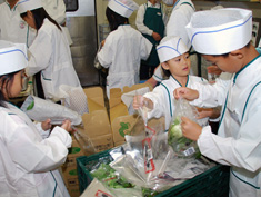 チンゲン菜の包装作業をする子どもたち